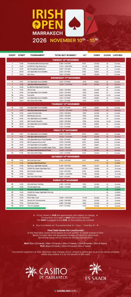 this is the official schedule for Irish Open Marrakech 2026.