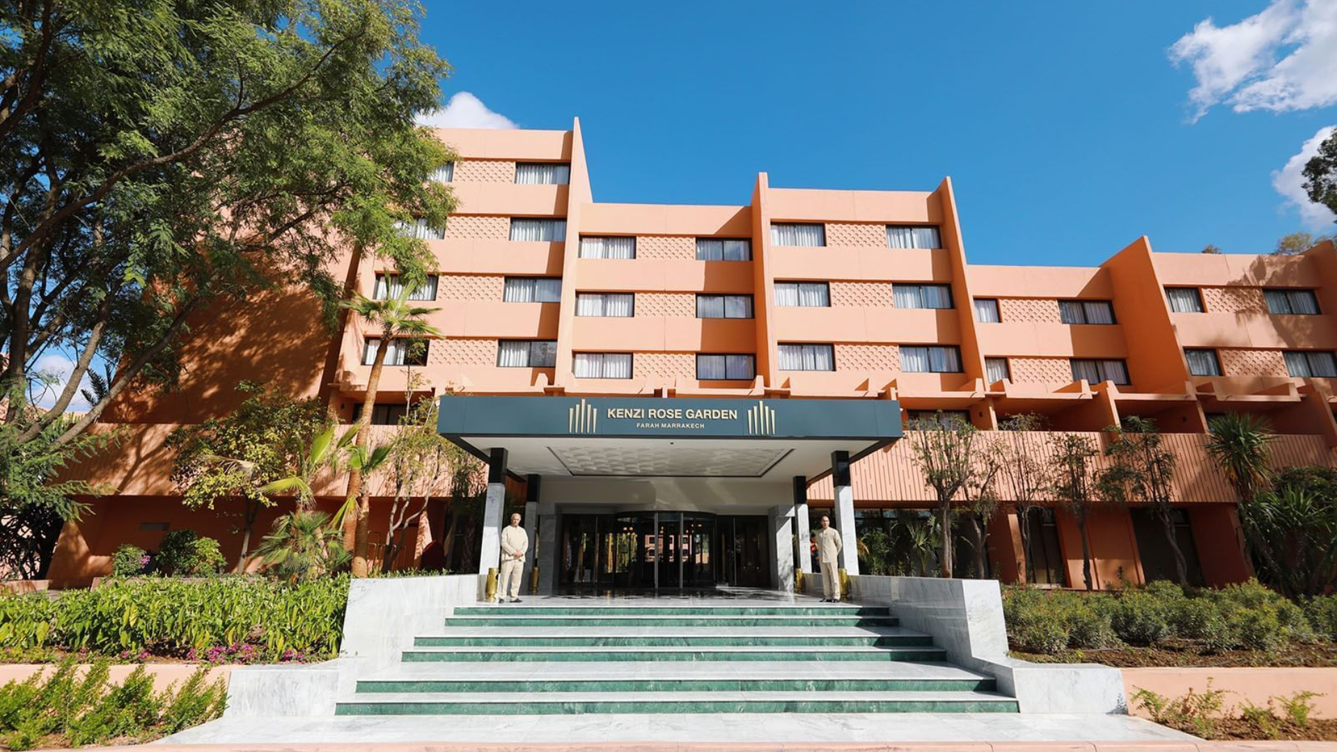 This image shows the elegant entrance of Hotel Kenzi Rose Garden in Marrakech.